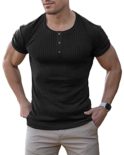 Agilelin Herren Baumwolle Kurzarm Shirt,Schlanke Passform Muskelshirts,Casual Henley Shirt,Geripptes Tshirt(Schwarz/S) von Agilelin