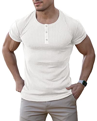 Agilelin Herren Baumwolle Kurzarm Shirt,Schlanke Passform Muskelshirts,Casual Henley Shirt,Geripptes Tshirt(Weiß/2XL) von Agilelin