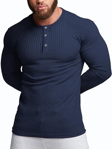 Agilelin Herren Baumwolle Langarm Shirt,Schlanke Passform Muskelshirts,Casual Henley Shirt,Geripptes Tshirt(Blau/L) von Agilelin