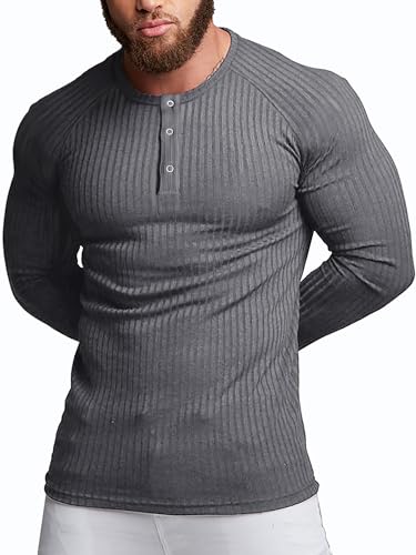 Agilelin Herren Baumwolle Langarm Shirt,Schlanke Passform Muskelshirts,Casual Henley Shirt,Geripptes Tshirt(Dunkelgrau/L) von Agilelin