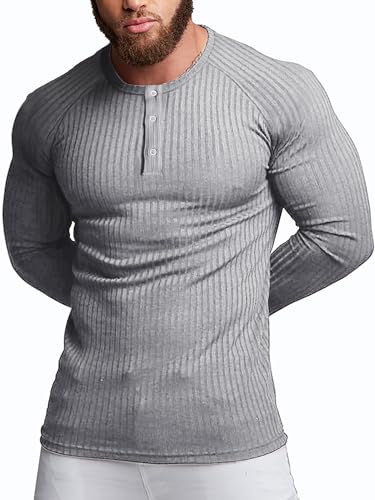 Agilelin Herren Baumwolle Langarm Shirt,Schlanke Passform Muskelshirts,Casual Henley Shirt,Geripptes Tshirt(Grau/M) von Agilelin