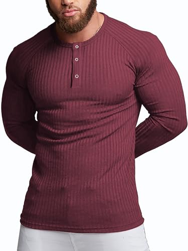 Agilelin Herren Baumwolle Langarm Shirt,Schlanke Passform Muskelshirts,Casual Henley Shirt,Geripptes Tshirt(Rot/L) von Agilelin