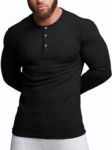 Agilelin Herren Baumwolle Langarm Shirt,Schlanke Passform Muskelshirts,Casual Henley Shirt,Geripptes Tshirt(Schwarz/2XL) von Agilelin