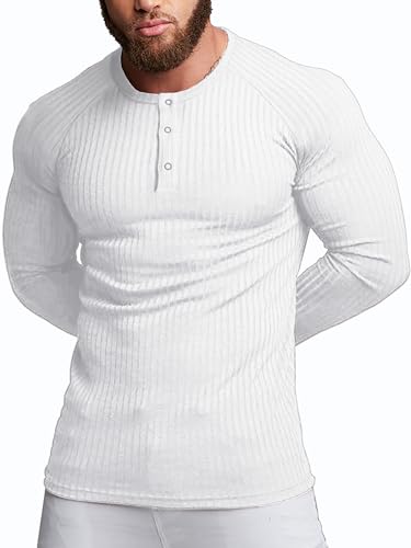 Agilelin Herren Baumwolle Langarm Shirt,Schlanke Passform Muskelshirts,Casual Henley Shirt,Geripptes Tshirt(Weiß/L) von Agilelin