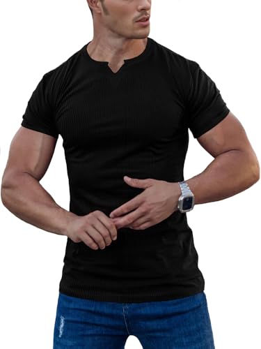 Agilelin Herren Kurzarm T Shirts,Stretch Muskelshirts,Slim Fit V-Neck Shirts,Casual Geripptes Hemd,Workout Top(Black/L) von Agilelin