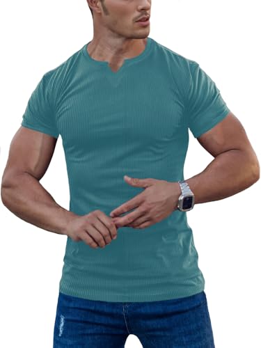 Agilelin Herren Kurzarm T Shirts,Stretch Muskelshirts,Slim Fit V-Neck Shirts,Casual Geripptes Hemd,Workout Top(Blue/XL) von Agilelin