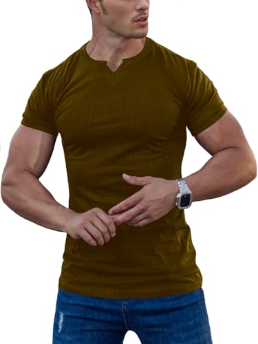 Agilelin Herren Kurzarm T Shirts,Stretch Muskelshirts,Slim Fit V-Neck Shirts,Casual Geripptes Hemd,Workout Top(Brown/L) von Agilelin