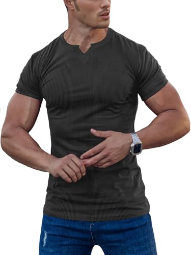 Agilelin Herren Kurzarm T Shirts,Stretch Muskelshirts,Slim Fit V-Neck Shirts,Casual Geripptes Hemd,Workout Top(Grey/M) von Agilelin