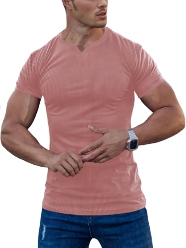 Agilelin Herren Kurzarm T Shirts,Stretch Muskelshirts,Slim Fit V-Neck Shirts,Casual Geripptes Hemd,Workout Top(Pink/L) von Agilelin