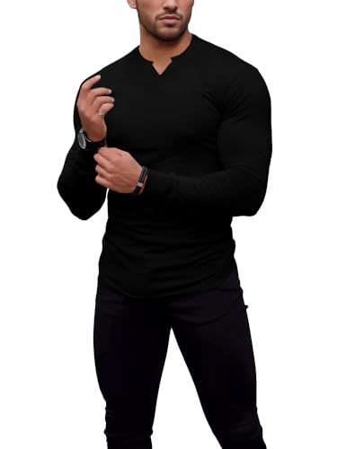 Agilelin Herren Langarm T Shirts,Stretch Muskelshirts,Slim Fit V-Neck Shirts,Casual Geripptes Hemd,Workout Top(Black/S) von Agilelin