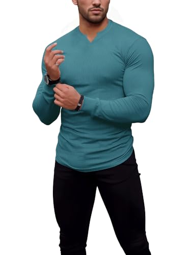 Agilelin Herren Langarm T Shirts,Stretch Muskelshirts,Slim Fit V-Neck Shirts,Casual Geripptes Hemd,Workout Top(Blue/L) von Agilelin