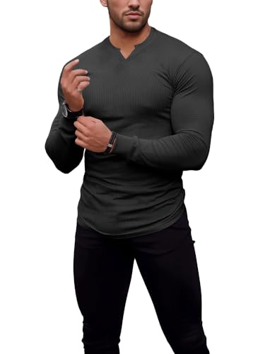 Agilelin Herren Langarm T Shirts,Stretch Muskelshirts,Slim Fit V-Neck Shirts,Casual Geripptes Hemd,Workout Top(Grey/L) von Agilelin