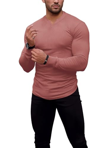 Agilelin Herren Langarm T Shirts,Stretch Muskelshirts,Slim Fit V-Neck Shirts,Casual Geripptes Hemd,Workout Top(Pink/S) von Agilelin