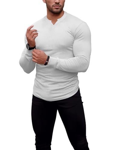 Agilelin Herren Langarm T Shirts,Stretch Muskelshirts,Slim Fit V-Neck Shirts,Casual Geripptes Hemd,Workout Top(White/M) von Agilelin