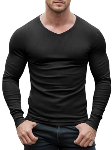 Agilelin Herren Slim Fit T-Shirts V-Ausschnitt,Stretch Langarmshirt,Casual Muskel Unterhemden（Black/L von Agilelin