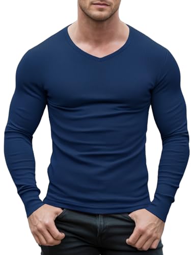 Agilelin Herren Slim Fit T-Shirts V-Ausschnitt,Stretch Langarmshirt,Casual Muskel Unterhemden（Blue/M von Agilelin