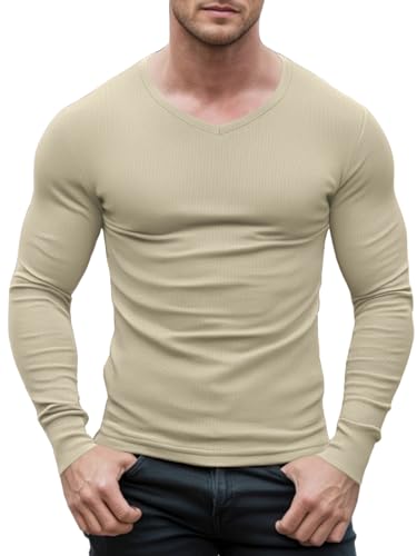 Agilelin Herren Slim Fit T-Shirts V-Ausschnitt,Stretch Langarmshirt,Casual Muskel Unterhemden（Khaki/L von Agilelin