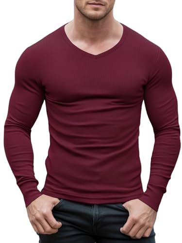 Agilelin Herren Slim Fit T-Shirts V-Ausschnitt,Stretch Langarmshirt,Casual Muskel Unterhemden（Red/S von Agilelin