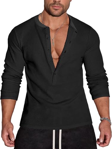 Agilelin Herren Waffel Henley 5 Knöpfe Langarm Normale Passform Stylische Hemden Casual T-Shirt（Black/L） von Agilelin