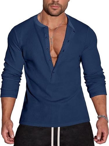Agilelin Herren Waffel Henley 5 Knöpfe Langarm Normale Passform Stylische Hemden Casual T-Shirt（Blue/M） von Agilelin