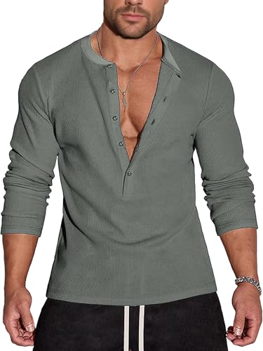 Agilelin Herren Waffel Henley 5 Knöpfe Langarm Normale Passform Stylische Hemden Casual T-Shirt（Dgrey/XL） von Agilelin