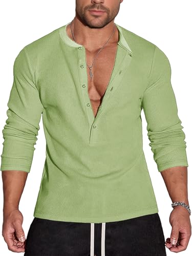 Agilelin Herren Waffel Henley 5 Knöpfe Langarm Normale Passform Stylische Hemden Casual T-Shirt（Green/S） von Agilelin
