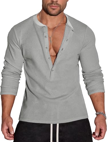 Agilelin Herren Waffel Henley 5 Knöpfe Langarm Normale Passform Stylische Hemden Casual T-Shirt（Grey/L） von Agilelin