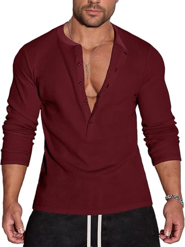 Agilelin Herren Waffel Henley 5 Knöpfe Langarm Normale Passform Stylische Hemden Casual T-Shirt（Red/S） von Agilelin