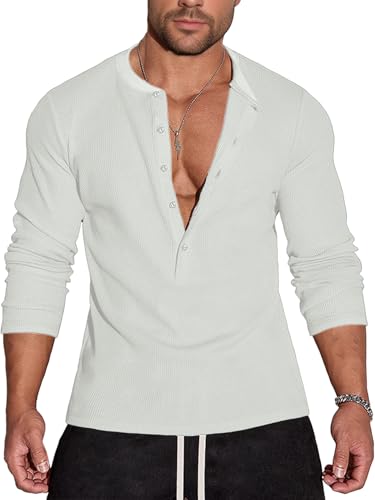 Agilelin Herren Waffel Henley 5 Knöpfe Langarm Normale Passform Stylische Hemden Casual T-Shirt（White/S） von Agilelin