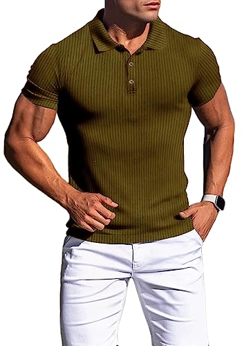 Agilelin Poloshirt Herren Kurzarm T Shirts,Herren Stretch Muskelshirts,Casual Geripptes Hemd,Workout Golf（Braun/XS von Agilelin