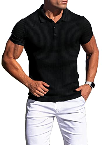 Agilelin Poloshirt Herren Kurzarm T Shirts,Herren Stretch Muskelshirts,Casual Geripptes Hemd,Workout Golf（Schwarz/L von Agilelin