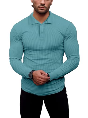 Agilelin Poloshirt Herren Langarm T Shirts,Herren Stretch Muskelshirts,Casual Geripptes Hemd,Workout Golf（Blau/XL von Agilelin