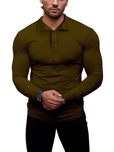 Agilelin Poloshirt Herren Langarm T Shirts,Herren Stretch Muskelshirts,Casual Geripptes Hemd,Workout Golf（Braun/XS von Agilelin