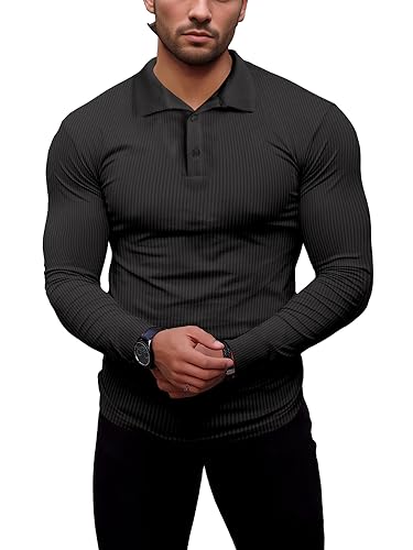 Agilelin Poloshirt Herren Langarm T Shirts,Herren Stretch Muskelshirts,Casual Geripptes Hemd,Workout Golf（Grau/M von Agilelin