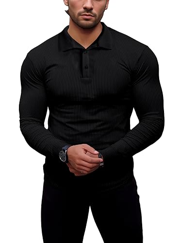 Agilelin Poloshirt Herren Langarm T Shirts,Herren Stretch Muskelshirts,Casual Geripptes Hemd,Workout Golf（Schwarz/2XL von Agilelin