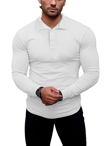 Agilelin Poloshirt Herren Langarm T Shirts,Herren Stretch Muskelshirts,Casual Geripptes Hemd,Workout Golf（Weiß/XS von Agilelin