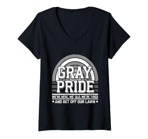 Damen Gray Pride Wir sind hier Wir sind alt und runter von unserem Rasen T-Shirt mit V-Ausschnitt von Aging with humor and pride Apparel