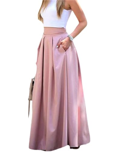 Agiyenna Damen A-Linie Elegant Faltenrock Freizeitrock mit Hohem Bund Skirt Boho Casual Strandrock Sommerrock Frauen Einfarbig Langer Rock von Agiyenna