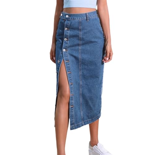 Agiyenna Damen A Linie Jeansrock mit Knöpfen Seitlicher Schlitz Hohe Taille Vintage Jeansrock Sommer Bodycon Stretch Rock Elegant Lässig Langer Rock Hüften Umwickelt Röcke von Agiyenna