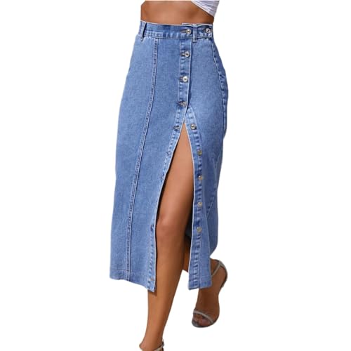 Agiyenna Damen A Linie Jeansrock mit Knöpfen Seitlicher Schlitz Hohe Taille Vintage Jeansrock Sommer Bodycon Stretch Rock Elegant Lässig Langer Rock Hüften Umwickelt Röcke von Agiyenna