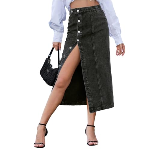 Agiyenna Damen A Linie Jeansrock mit Knöpfen Seitlicher Schlitz Hohe Taille Vintage Jeansrock Sommer Bodycon Stretch Rock Elegant Lässig Langer Rock Hüften Umwickelt Röcke von Agiyenna