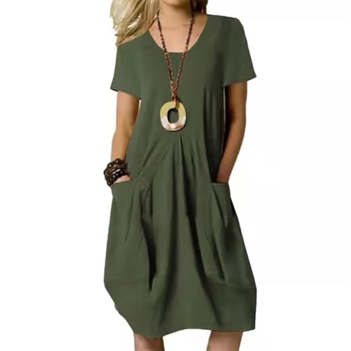 Agiyenna Damen A-Linie Sommerkleid Loose Swing Kurzarm Kleid mit Taschen Einfarbige Casual Rundhals Kleid Knielang Freizeitkleid Elegent Strandkleid Midikleid von Agiyenna