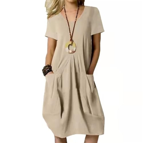 Agiyenna Damen A-Linie Sommerkleid Loose Swing Kurzarm Kleid mit Taschen Einfarbige Casual Rundhals Kleid Knielang Freizeitkleid Elegent Strandkleid Midikleid von Agiyenna