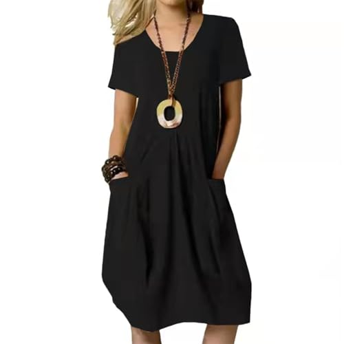 Agiyenna Damen A-Linie Sommerkleid Loose Swing Kurzarm Kleid mit Taschen Einfarbige Casual Rundhals Kleid Knielang Freizeitkleid Elegent Strandkleid Midikleid von Agiyenna
