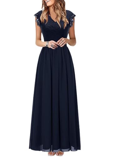 Agiyenna Damen Ärmellos Chiffon Lang Kleid mit V-Ausschnitt Elegantes Partykleid Kleid mit Hoher Taille Einfarbiges Freizeitkleid Patchwork Spitze Kleid Abendkleid Cocktailkleid von Agiyenna