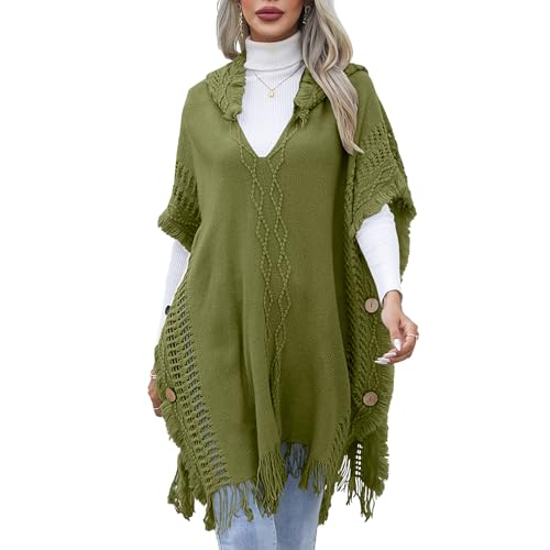 Agiyenna Damen Boho Elegant Strick Poncho mit Kapuze und Fransen Solid Color Einfarbige Warm Cape Lose Pulli Pullover mit V-Ausschnitt von Agiyenna