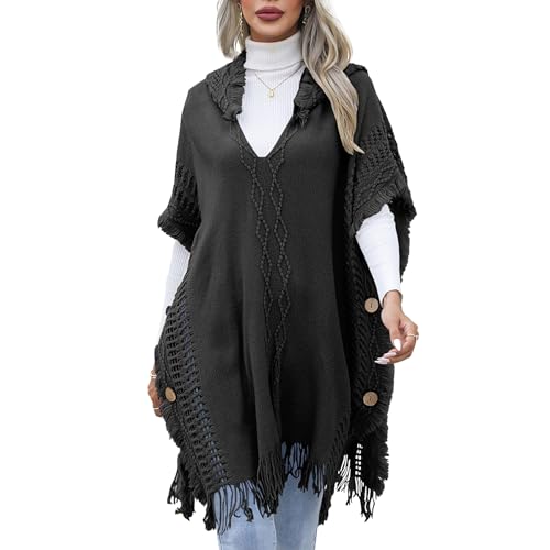 Agiyenna Damen Boho Elegant Strick Poncho mit Kapuze und Fransen Solid Color Einfarbige Warm Cape Lose Pulli Pullover mit V-Ausschnitt von Agiyenna