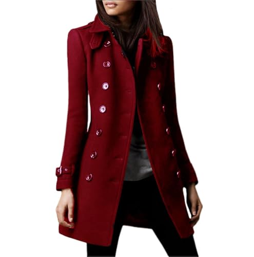 Agiyenna Damen Button Lange Jacke Elegant Lang Wollmantel Slim Fit Jacken Winddichter Lang Einfarbige Wintermantel Umlegekragen Trenchcoat Langarm Trenchcoat Freizeitmantel Mode Streetwear von Agiyenna
