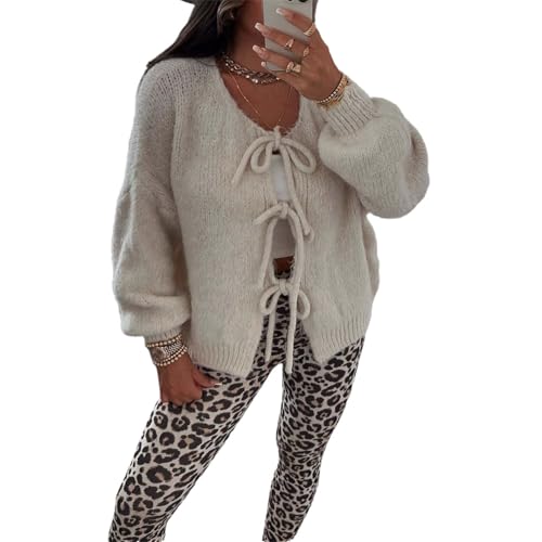 Agiyenna Damen Cardigan zum Schnürung Vorne Lockerer Winter Rundhalsjacke Einfarbige Freizeitjacke Stylische Leichte Warme Jacke Langarm Strickmantel Elegante Y2K Strickjacke mit Schleife von Agiyenna