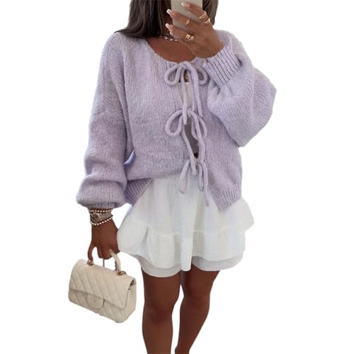 Agiyenna Damen Cardigan zum Schnürung Vorne Lockerer Winter Rundhalsjacke Einfarbige Freizeitjacke Stylische Leichte Warme Jacke Langarm Strickmantel Elegante Y2K Strickjacke mit Schleife von Agiyenna